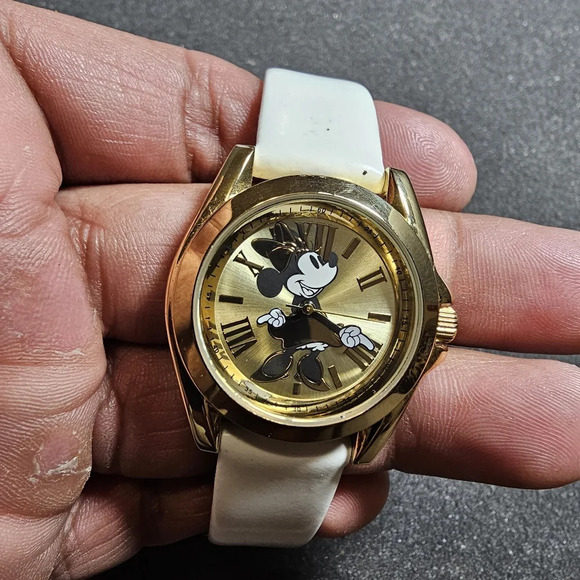 disney accutime minnie mouse Quartz Watch Gold Tone White Strap Working shows si - Picture 1 of 9